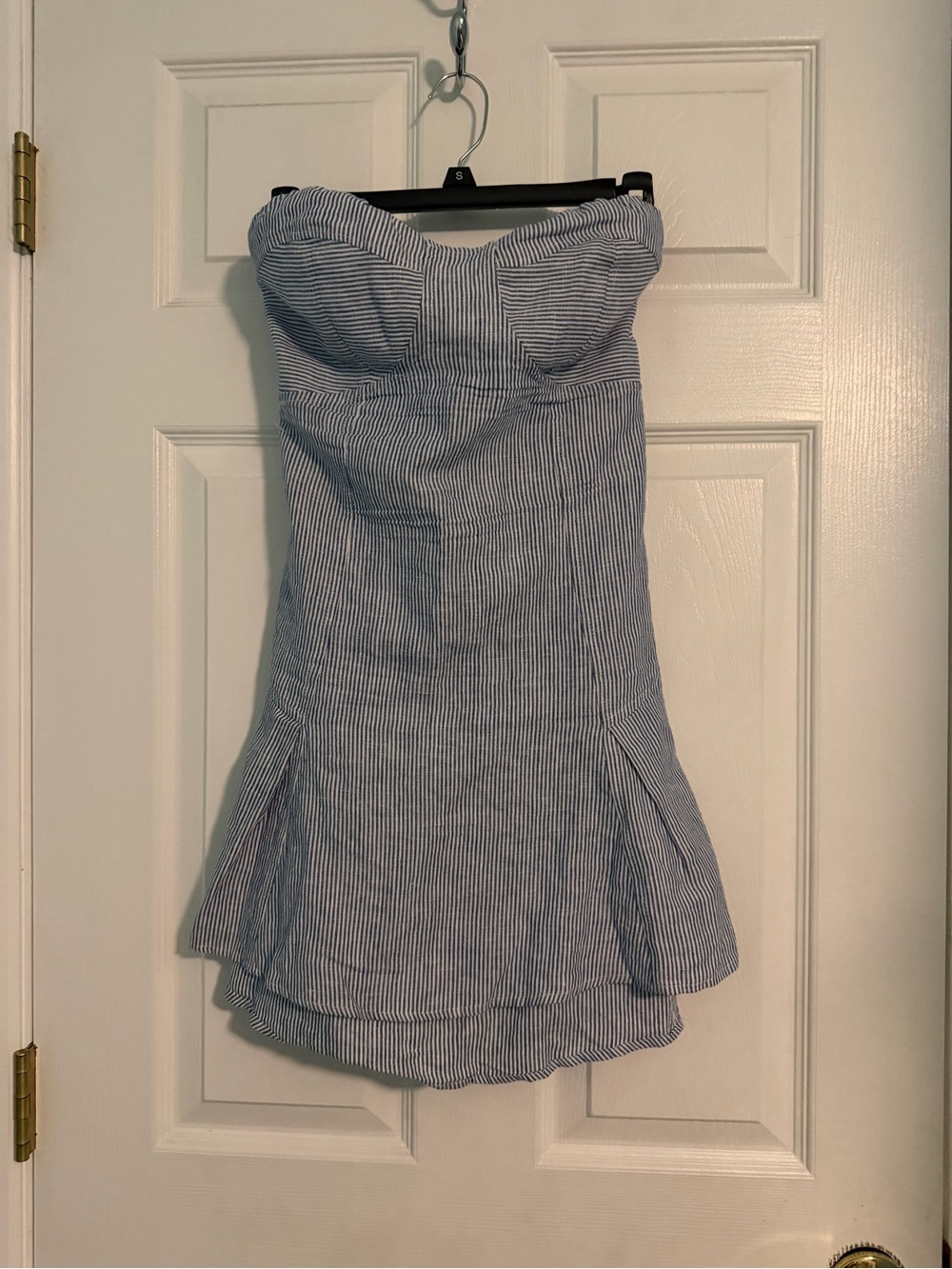 Olivaceous Linen Blue & White Stripes Strapless Mini Dress Anthropologie MED